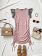 Vestido Drapeado Rosado Mujer - Tela Rib con Mangas Floreadas - Miniatura 2