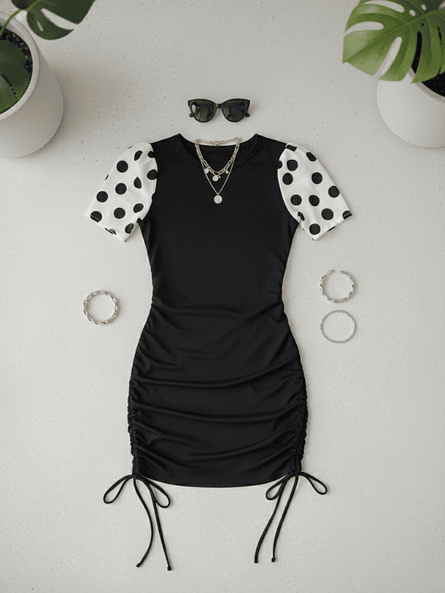 Vestido Drapeado Negro Mujer - Tela Rib con Mangas de Lunares en Crepé 3