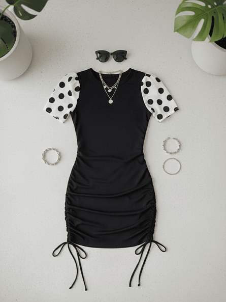 Vestido Drapeado Negro Mujer - Tela Rib con Mangas de Lunares en Crepé 3