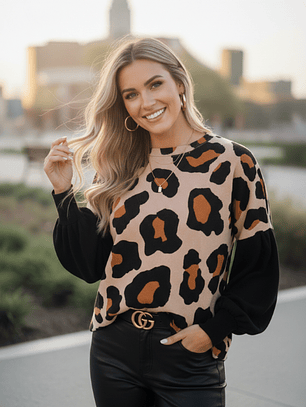 Polera Animal Print Camel Dominga - Tela Rib con Manga Globo