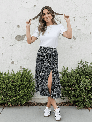 Falda Midi Negra Singapur – Elegancia Floral y Movimiento ✨