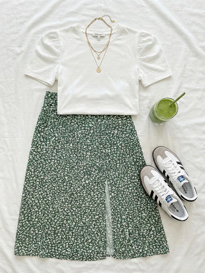 Falda Midi Mujer Verde con Estampado Floral y abertura