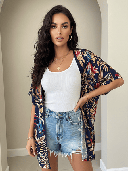 Tapado Kimono Azul Tropical Mujer - Viscosa con Detalle en Raso 1