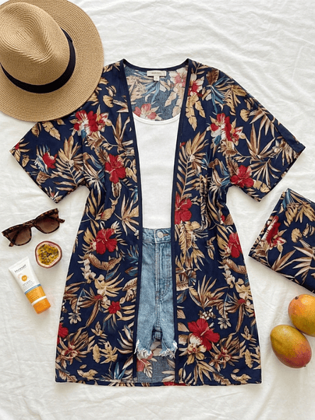 Tapado Kimono Azul Tropical Mujer - Viscosa con Detalle en Raso 4