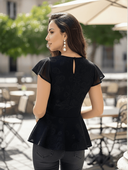 Polera Peplum Negra Mujer - Tela Sofía con Mangas Plisadas Satinadas 3