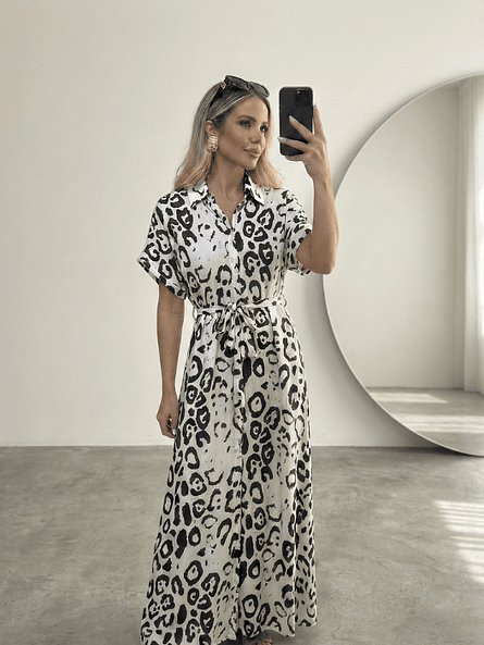 Vestido Camisero Maxi Animal Print Blanco - Carobaska 4