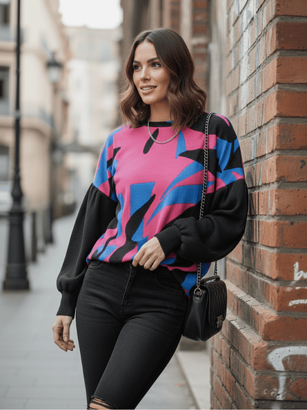 Polera Mujer Rib Mangas Globo Estampado Hojas - Dominga Azul 7