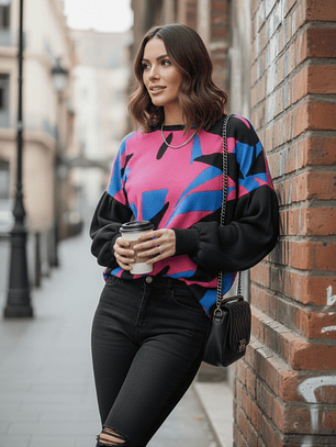 Polera Mujer Rib Mangas Globo Estampado Hojas - Dominga Azul