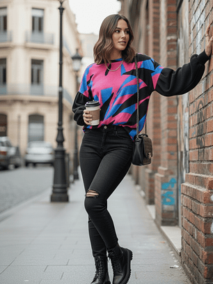 Polera Mujer Rib Mangas Globo Estampado Hojas - Dominga Azul