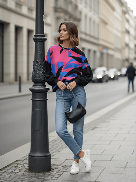 Polera Mujer Rib Mangas Globo Estampado Hojas - Dominga Azul 6