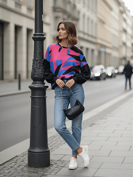 Polera Mujer Rib Mangas Globo Estampado Hojas - Dominga Azul 6