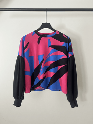 Polera Mujer Rib Mangas Globo Estampado Hojas - Dominga Azul