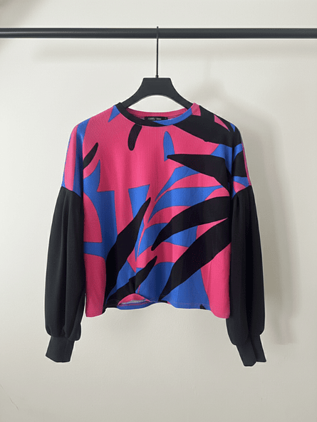 Polera Mujer Rib Mangas Globo Estampado Hojas - Dominga Azul 1