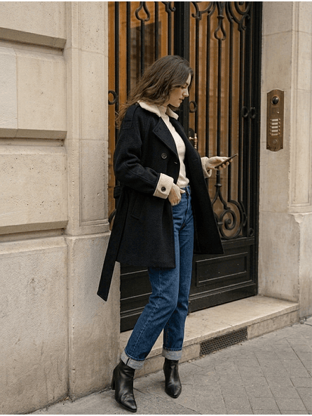 Abrigo Negro con Cuello Blanco Invierno 