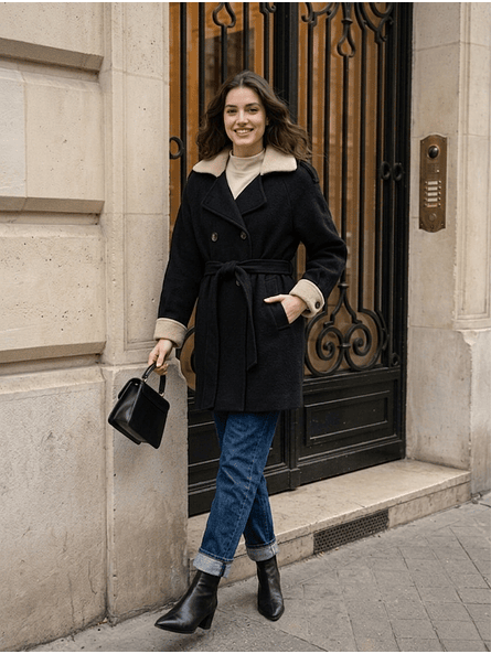 Abrigo Negro con Cuello Blanco Invierno 