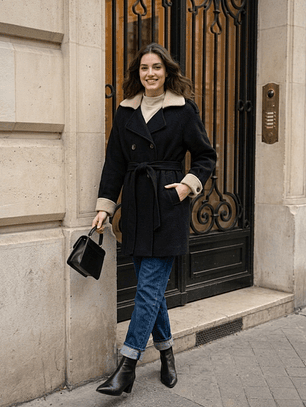 Abrigo Negro con Cuello Blanco Invierno 