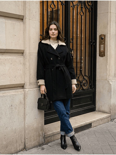 Abrigo Negro con Cuello Blanco Invierno 