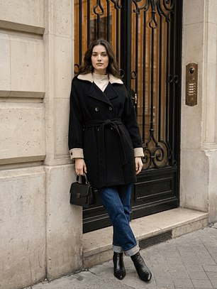 Abrigo Negro con Cuello Blanco Invierno 