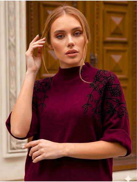 Sweater Bordado Floral Viena – Burdeo Premium Manga Murciélago 5