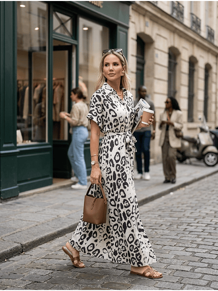 Vestido Camisero Maxi Animal Print Blanco - Carobaska 1