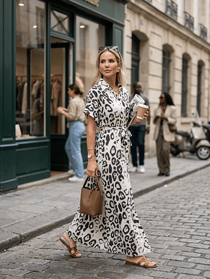 Vestido Camisero Maxi Animal Print Blanco - Carobaska