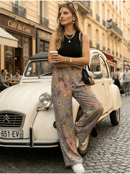 Pantalón Palazzo Amazonas Flores Pastel - Gabardina Elasticada 4