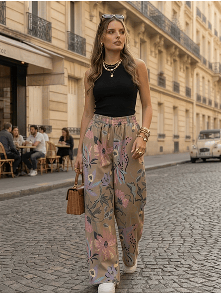 Pantalón Palazzo Amazonas Flores Pastel - Gabardina Elasticada 1