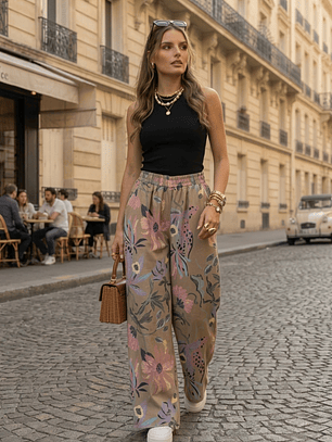 Pantalón Palazzo Amazonas Flores Pastel - Gabardina Elasticada