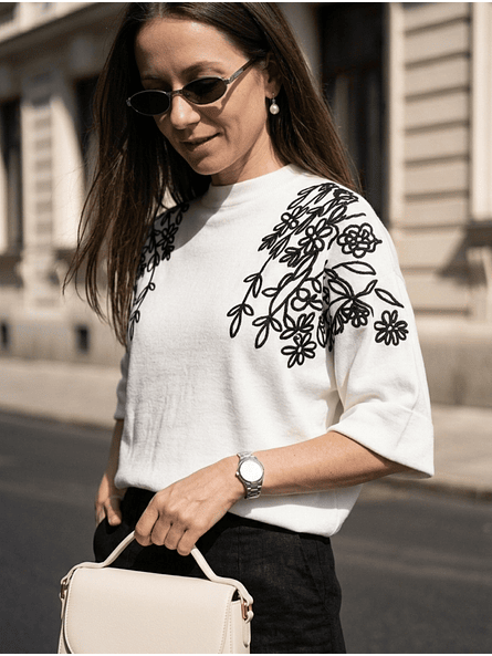Sweater Bordado Floral Viena – Blanco Nieve Premium | Manga Murciélago 3