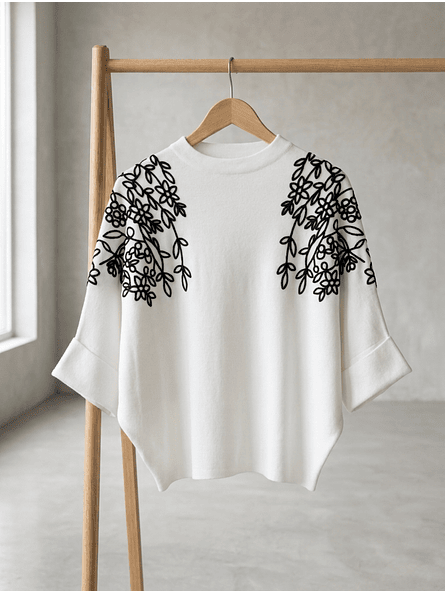 Sweater Bordado Floral Viena – Blanco Nieve Premium | Manga Murciélago 6