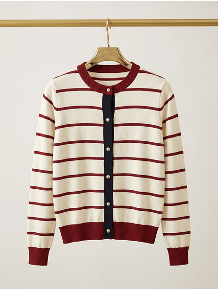 Cardigan de Punto Marinero – Crema y Burdeo Premium | Botones  7
