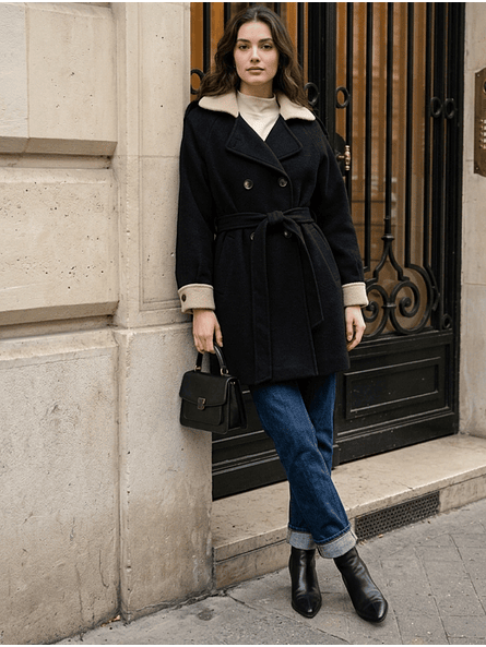 Abrigo Negro con Cuello Blanco Invierno 