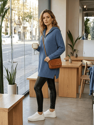 Sweater Vestido Largo Beige Atenas con Gorro y Cierre