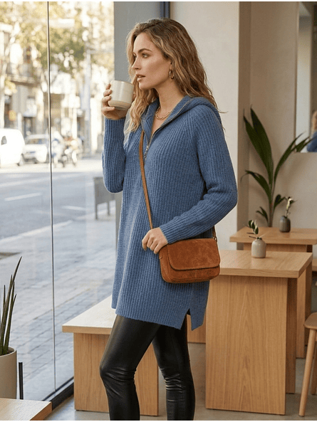 Sweater Vestido Largo Beige Atenas con Gorro y Cierre 4