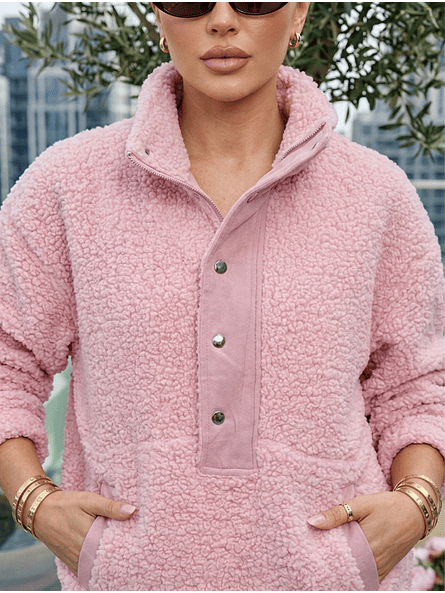 Polerón de Corderito Diany Rosa – Abrigo Holgado con Botones y Bolsillos 1