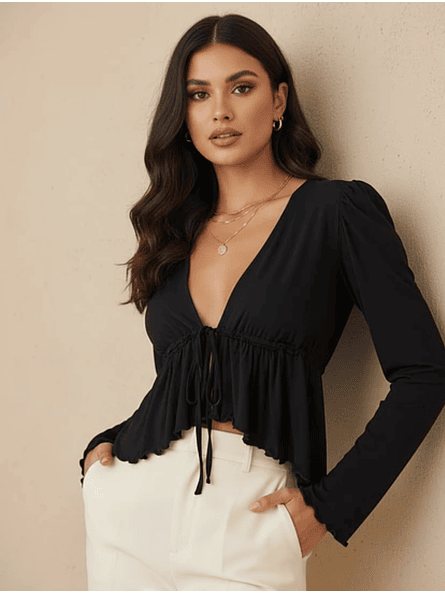 Polera negra manga globo mujer casual Carobaska | Lina 1