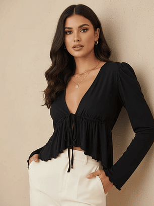 Polera negra manga globo mujer casual Carobaska | Lina