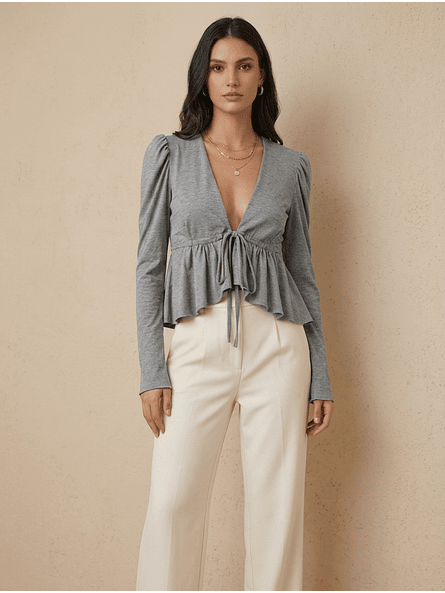 Polera Gris Manga Globo Mujer Casual Carobaska | Lina 6