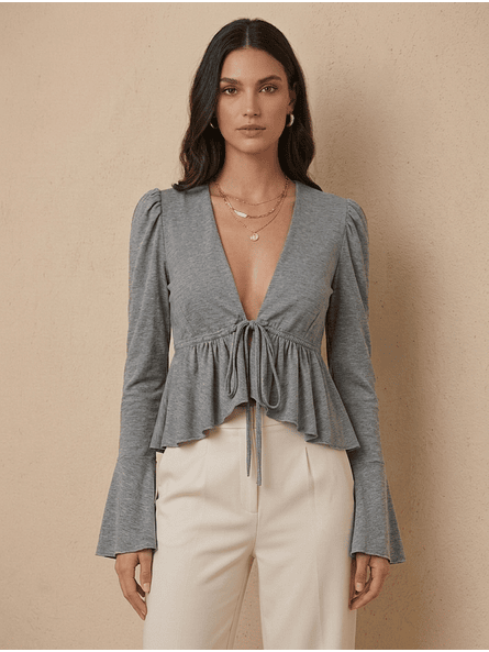 Polera Gris Manga Globo Mujer Casual Carobaska | Lina 5