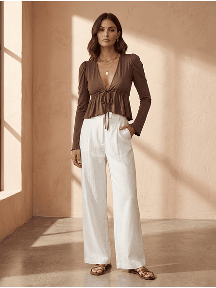 Polera Café Manga Globo Mujer Casual Carobaska | Lina 1