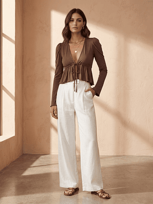 Polera Café Manga Globo Mujer Casual Carobaska | Lina