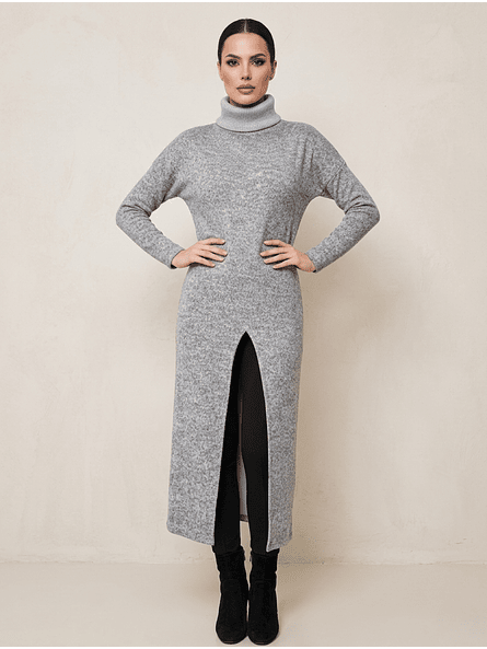 Sweater Largo Gris con Abertura Frontal Mujer - Carobaska 1