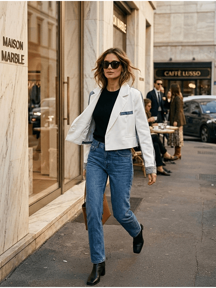 Blazer Blanco Mujer Corto con Mangas de Mezclilla - Estilo Cropped Carobaska 1