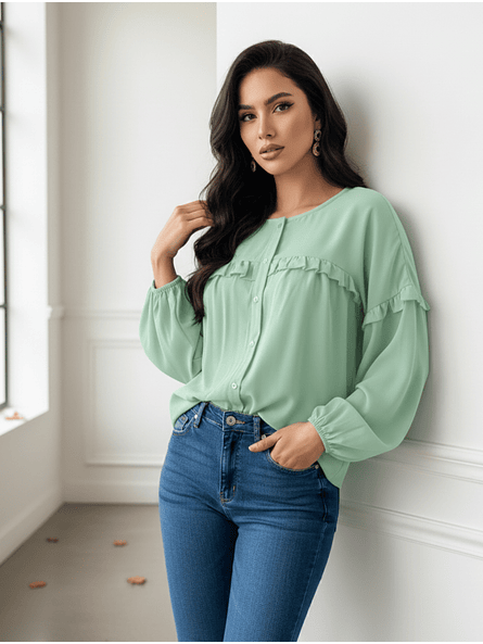 Blusa Verde Menta Mujer con Vuelos Holgada | Casual Carobaska 2