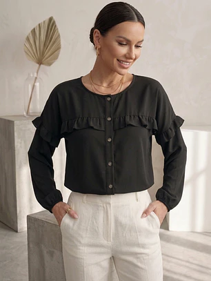 Blusa Negra Mujer con vuelos manga Larga Elegante | Carobaska