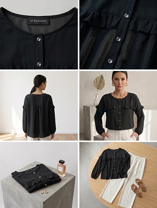 Blusa Negra Mujer con vuelos manga Larga Elegante | Carobaska