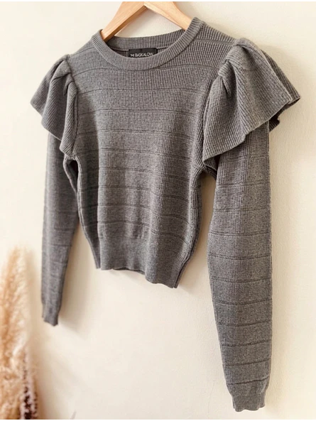 Sweater Crop Gris Mujer con Vuelos Elasticado | Carobaska 6