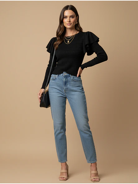 Sweater Crop Negro Mujer con Vuelos Elasticado | Carobaska 6