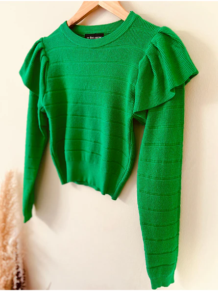 Sweater Crop Top Verde Vibrante con Vuelos en Hombros | Carobaska 4