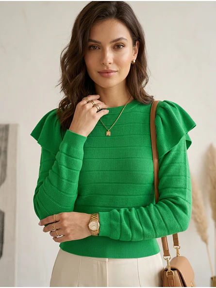 Sweater Crop Top Verde Vibrante con Vuelos en Hombros | Carobaska 2